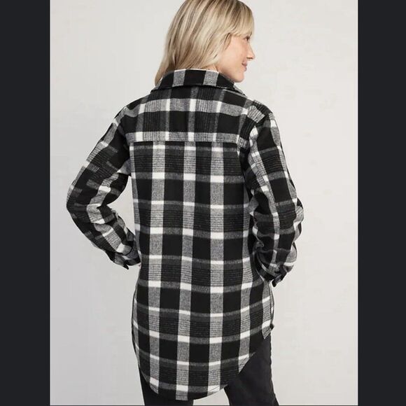 OLD NAVY Black Plaid Soft Brushed Shacket Wool Jacket Pockets Women’s Large L - Picture 2 of 14
